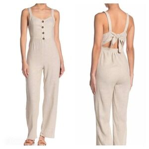 ROMEO + JULIET COUTURE Linen Blend Striped Jumpsuit Wide Leg Back Tie Tan M